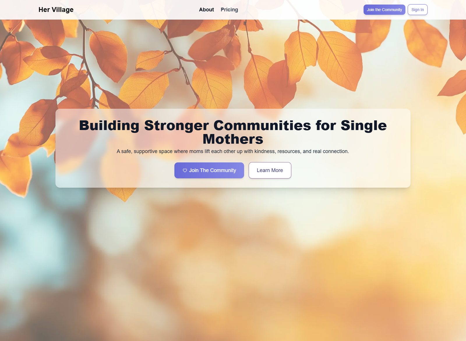Her Village app screen, a community platform for mothers