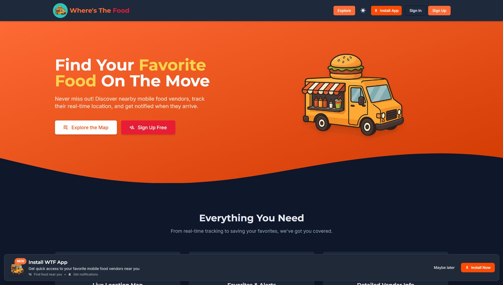 Where's the Food homepage, an app for tracking mobile food vendors